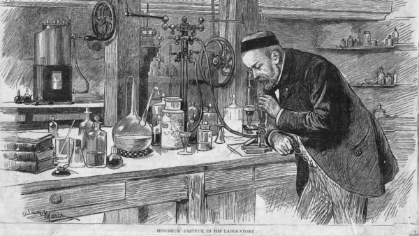 Louis Pasteur en su laboratorio analizando una infusión de levadura